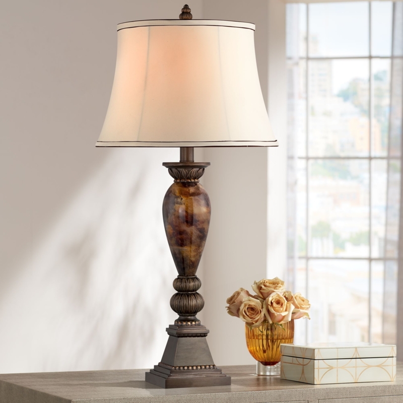 Table Lamp Alabaster Glass Dome Shade Golden Marble Base Aged Bronze