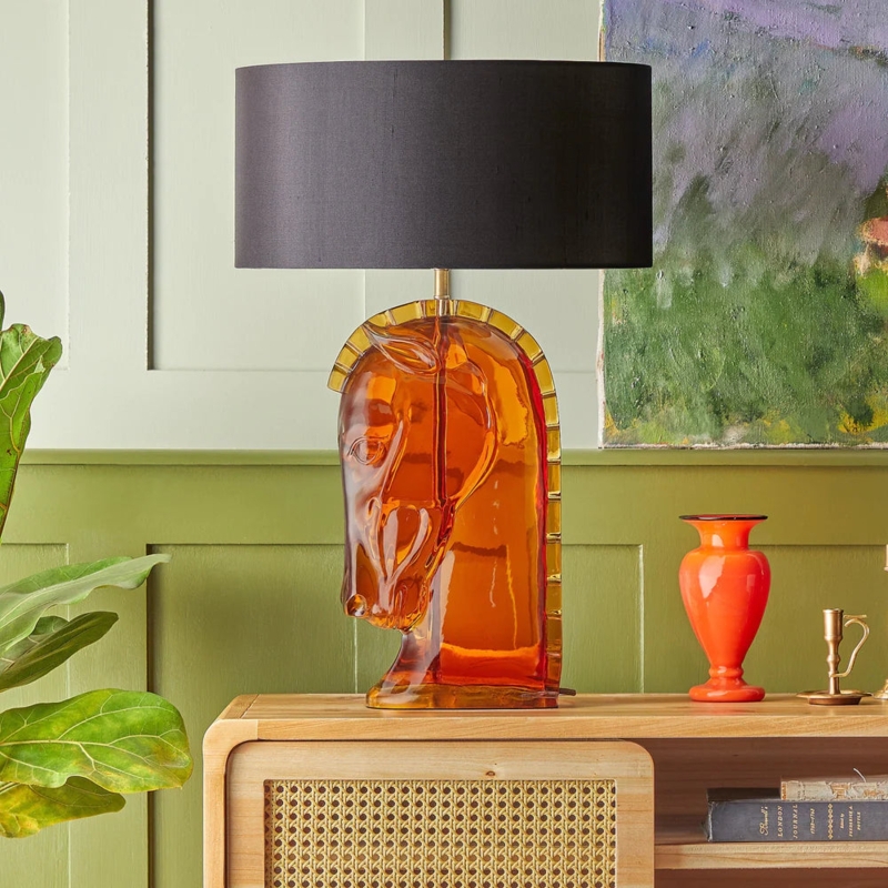 Table Lamp Amber Glass Horse Head Base Ikat Drum Shade Eccentric Decor