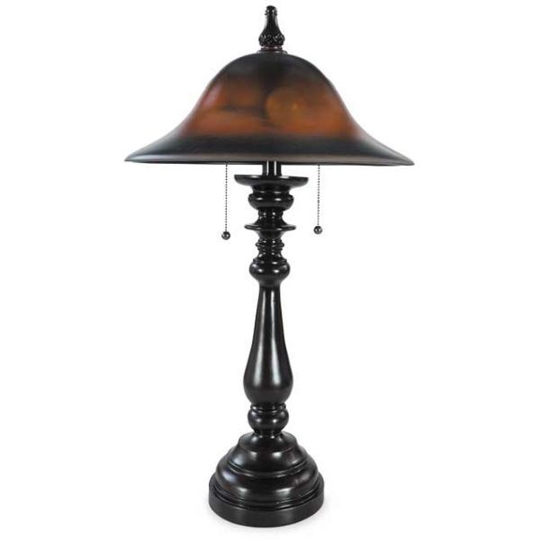Table Lamp Amber Glass Shade Ornate Base Marbled Texture Warm