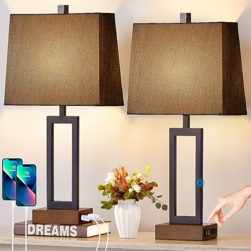 Table Lamp Black Metal Tapered Stem Rectangular Base Linen Shade