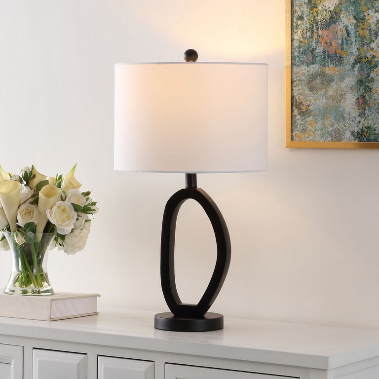 Table Lamp Black Resin Open Abstract Base White Tapered Shade Modern