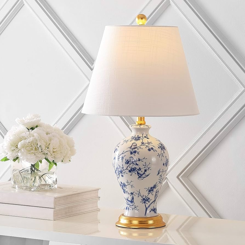 Table Lamp Blue Floral Motif Ginger Jar Silhouette White Drum Shade