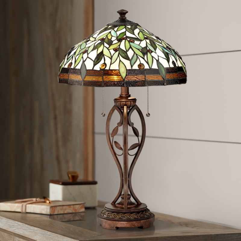 Table Lamp Bronze Leaf and Vine Stained Glass Shade Arts & Crafts Style