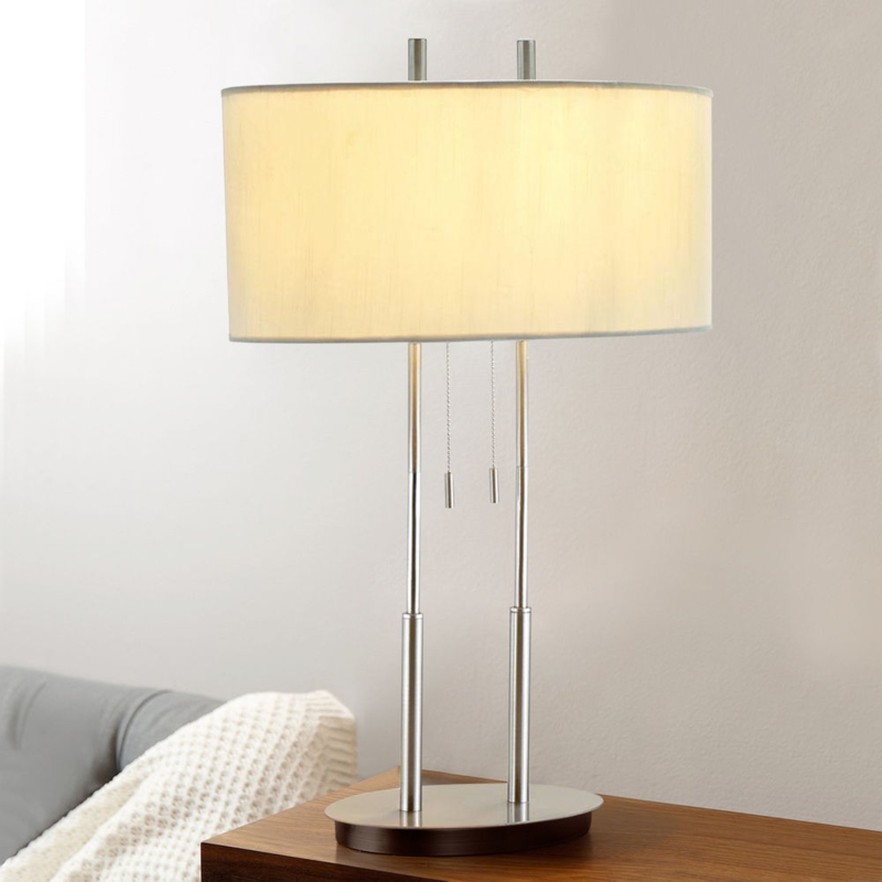 Table Lamp Brushed Steel Dual Sockets Oval Shade Pull Chains