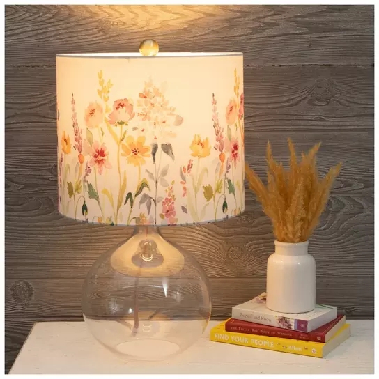 Table Lamp Ceramic Base Watercolor Floral Gold Pull Chain
