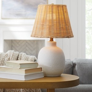 Table Lamp, Ceramic Base with Rattan Drum Shade Coastal