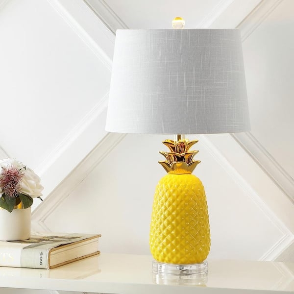Table Lamp, Ceramic Pineapple Base, Yellow and Gold Leaf Tropical Accent.