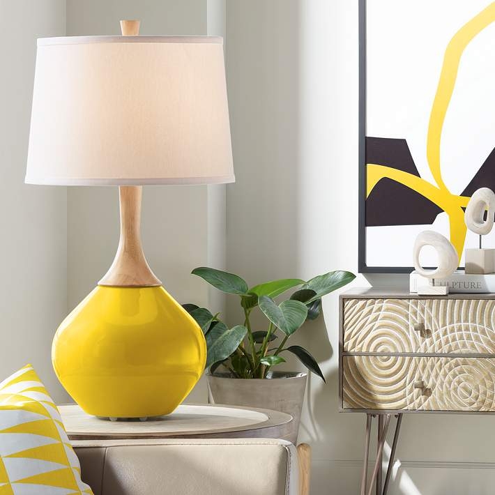 Table Lamp, Citrus Yellow Glass-Like Teardrop Base, Glossy Finish.