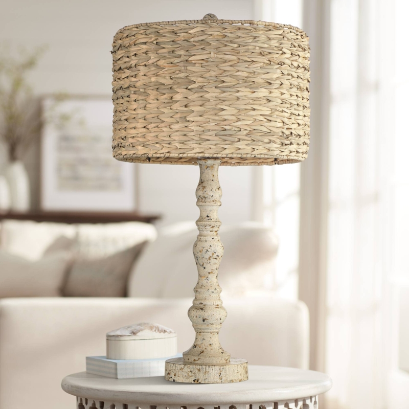 Table Lamp Coastal Farmhouse Rattan Shade Distressed Candlestick Base