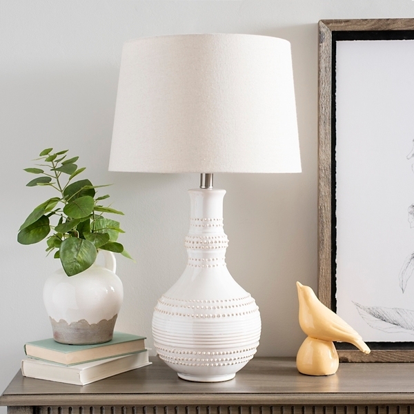 Table Lamp: Coastal Style, White Glazed Gourd Silhouette, Drum Shade