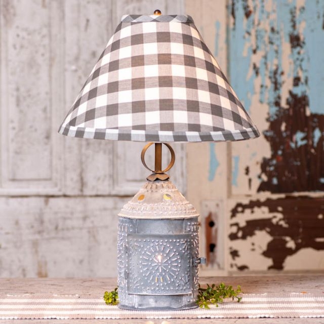 Table Lamp Colonial Revival Perforated Tin Base Gray Check Shade