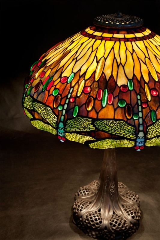 Table Lamp, Dragonfly Motif Stained Glass, Art Nouveau, Bronze Toned
