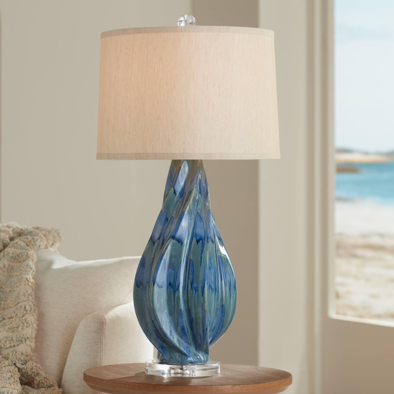 Table Lamp Drip Glaze, Modern Coastal, Ceramic Base.