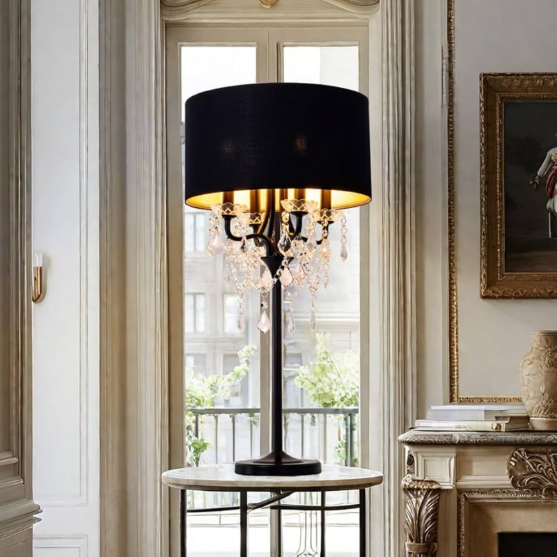 Table Lamp: Drum Shade with Cascading Crystal Accents