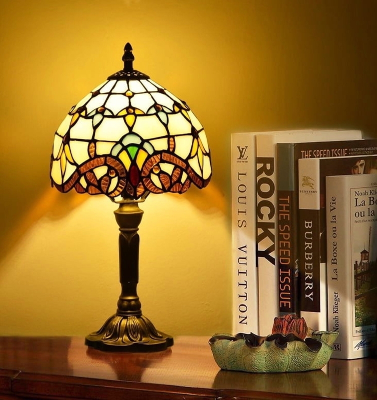 Table Lamp, Floral Mosaic Glass, Traditional Style, Bronze Finish