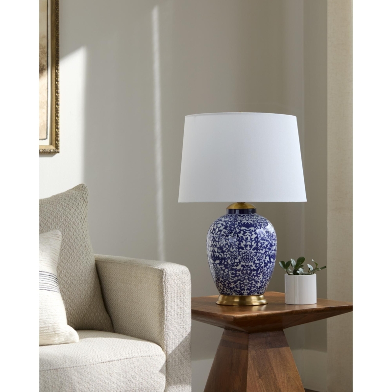 Table Lamp Floral Scrollwork Distressed Cream Base French Country