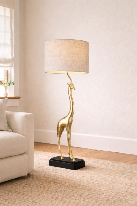 Table Lamp Gold Giraffe Sculptural Base Neutral Fabric Drum Shade Safari