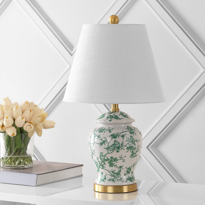 Table Lamp Green Chinoiserie Ginger Jar Botanical Motif White Shade