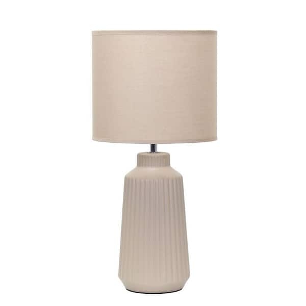 Table Lamp Grooved Ceramic Cylindrical Base Beige Fabric Shade