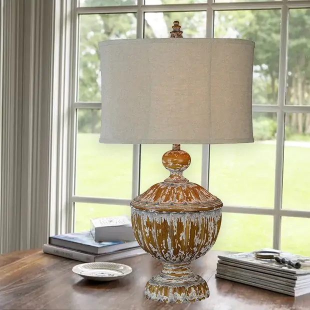 Table Lamp Heavily Distressed Off-White Carved Base French Country