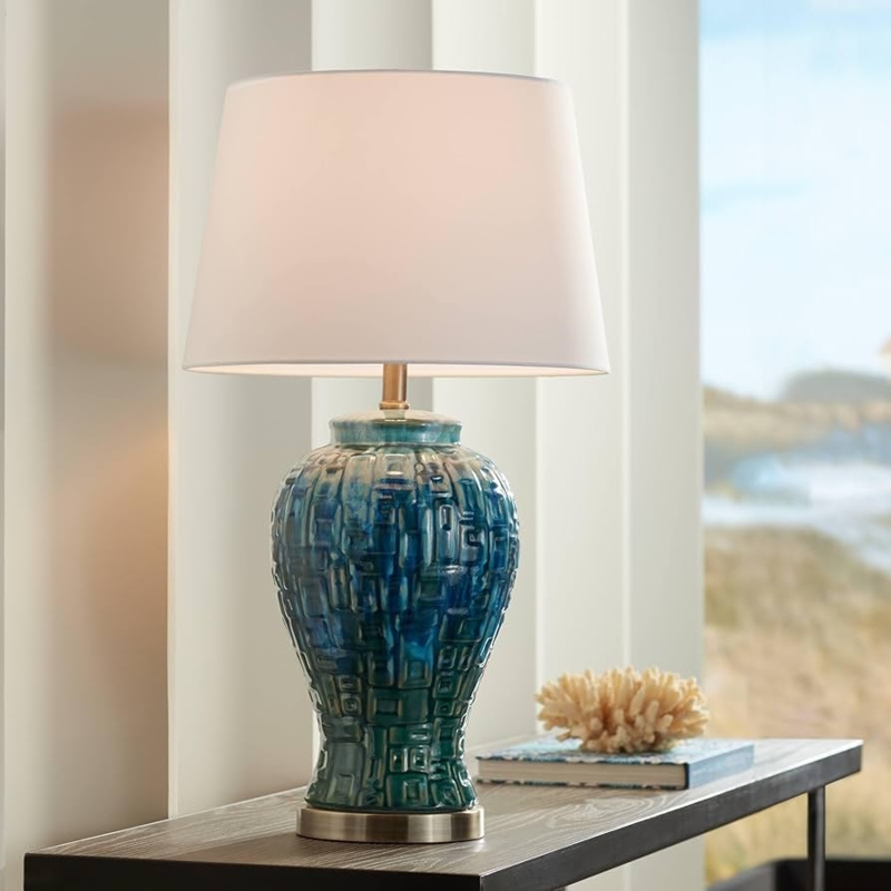 Table Lamp Honeycomb Texture, Asian Style, Teal Glaze.