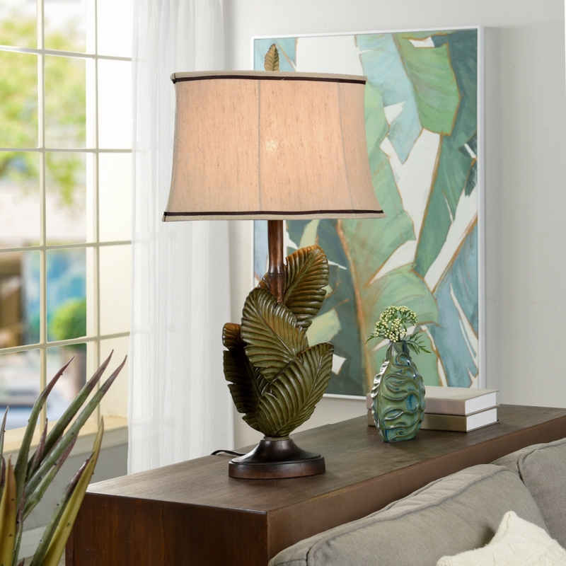 Table Lamp: Horizontal Ribbing on Bronze Base & Gray Shade