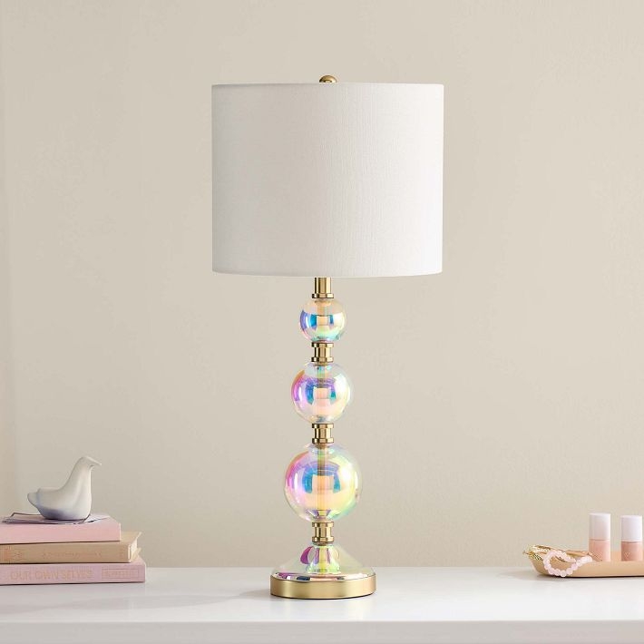 Table Lamp Iridescent Finish Stacked Bubble Base White Drum Shade