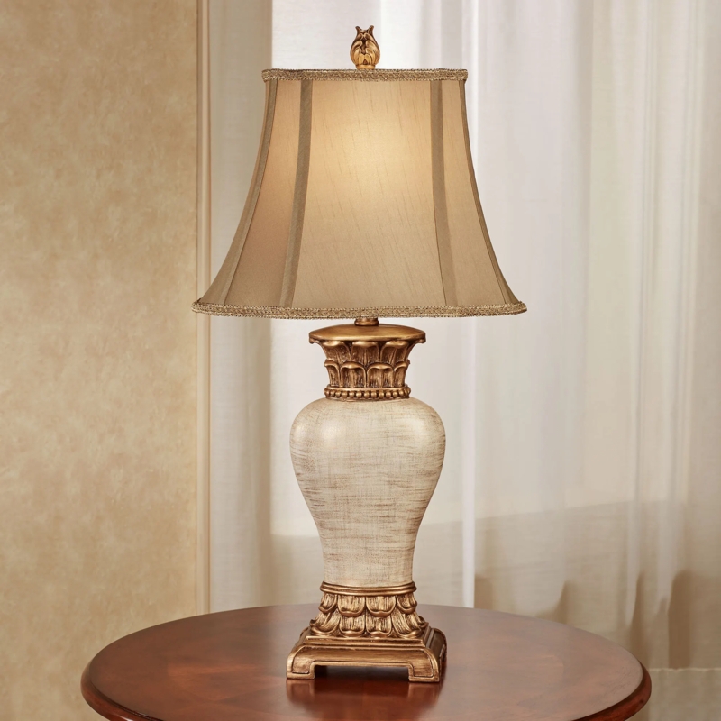 Table Lamp Ivory Scrolled Base Bell Shade Ornate Carvings Traditional