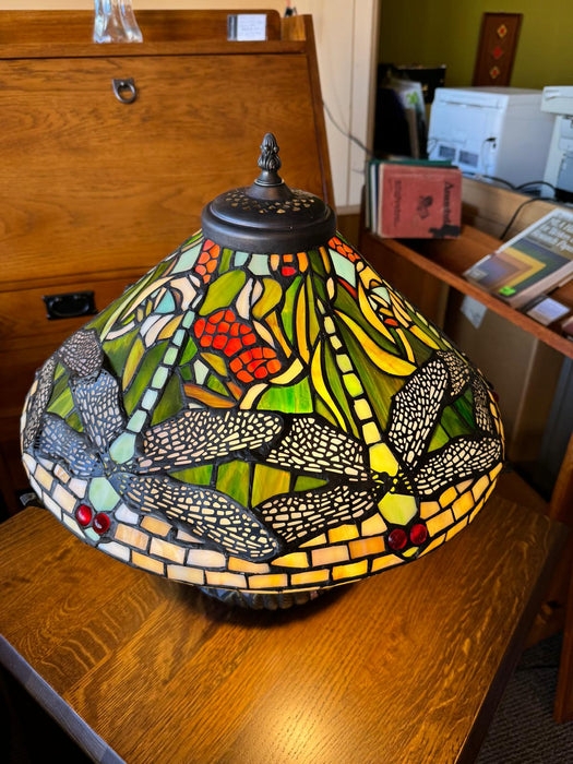 Table Lamp, Jewel Toned Glass, Dragonfly Motif, Bronze Finish