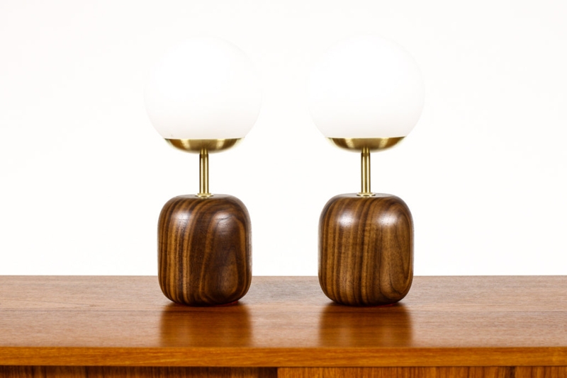 Table Lamp Lathe Turned Wood Frosted Glass Globe Mid-Century Modern