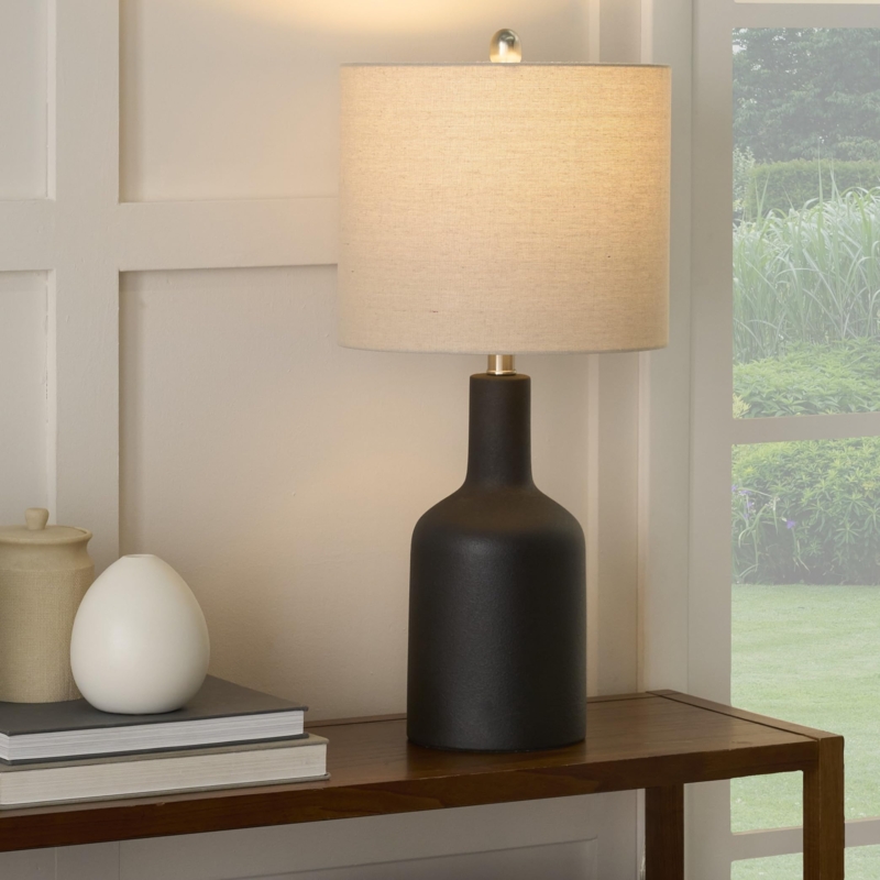 Table Lamp, Matte Black Ceramic with Geometric Relief, Oatmeal Shade