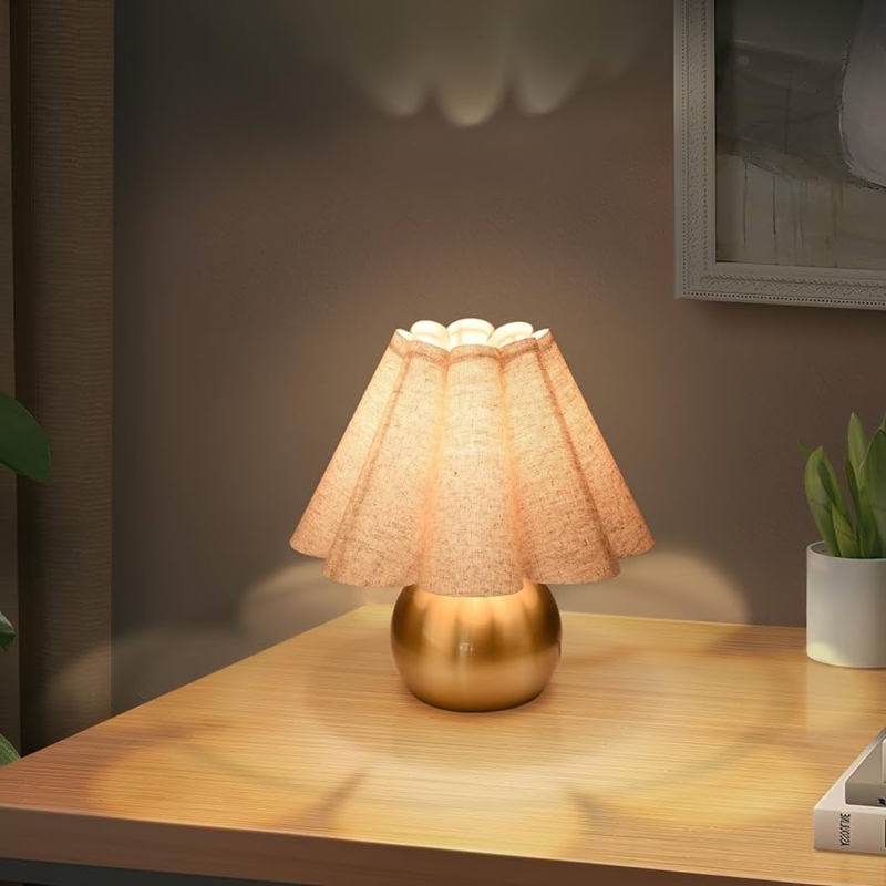 Table Lamp Miniature Brass Base Scalloped Shade Vintage Bedroom