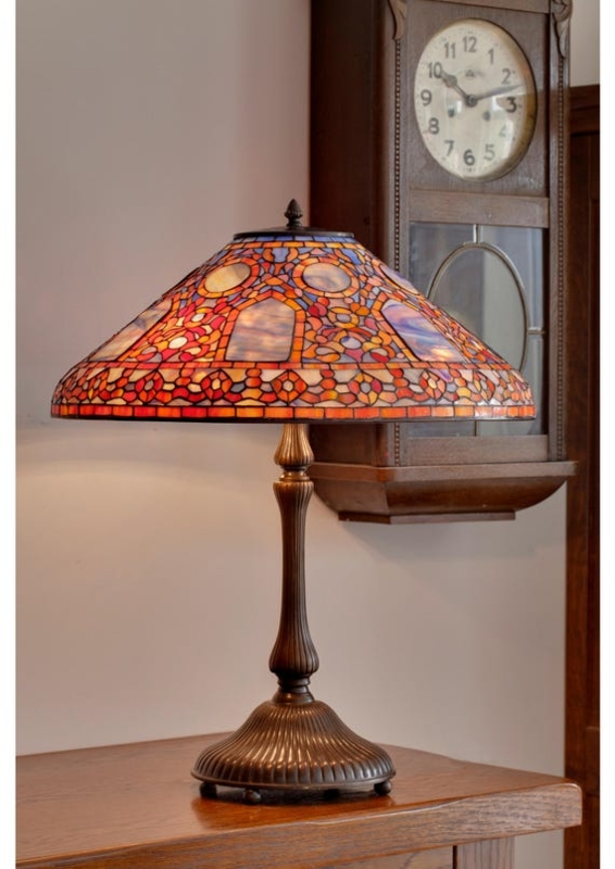 Table Lamp, Mosaic Pattern Stained Glass, Art Nouveau, Bronze Tone