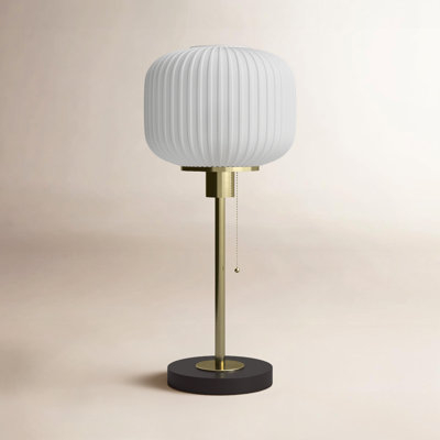 Table Lamp Mottled Grey Stone Base Gold Neck Drum Shade Minimalist