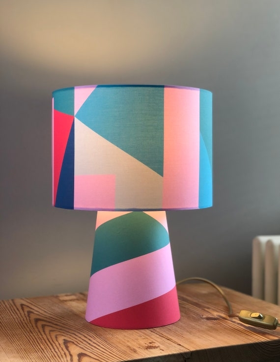 Table Lamp Multicolor Ribbed Sculptural Base White Drum Shade Playful