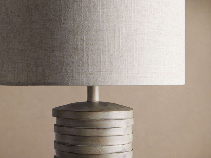 Table Lamp Natural Wood Turned Base Layered Pedestal Taupe Shade Coastal