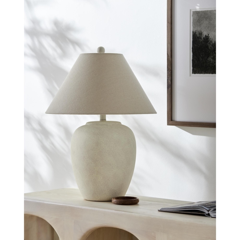 Table Lamp Oblate Ribbed Ceramic Base Beige Drum Shade Global Decor