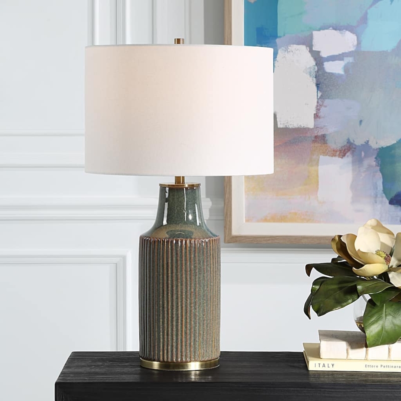 Table Lamp Olive Green Textured Ceramic Brushed Brass Accent