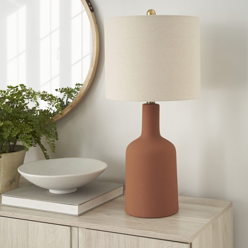 Table Lamp, Orange Terracotta Ceramic with Rustic Pitted Texture