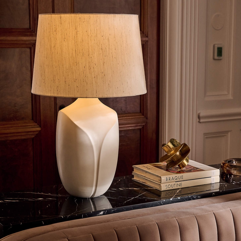 Table Lamp: Oversized Sculptural Spherical Base, Plaster Finish, Dramatic