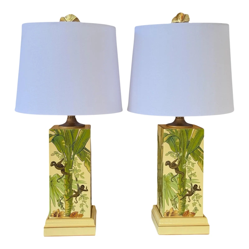 Table Lamp Pair: Glossy Black Hand-Painted Tropical Motif