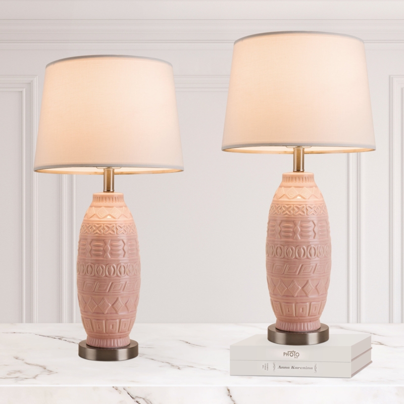 Table Lamp Pair, Gray Ribbed Ceramic Base, Bottle Silhouette
