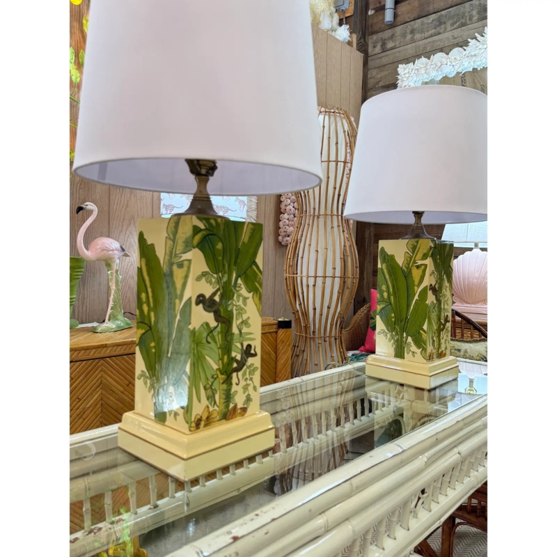 Table Lamp Pair: Hand-Painted Tropical Birds & Pleated Shades