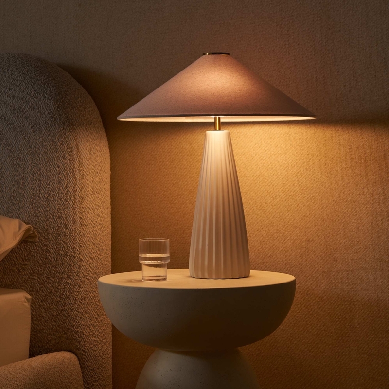 Table Lamp Pair Ivory Fluted Ceramic Base Linen Drum Shade Transitional
