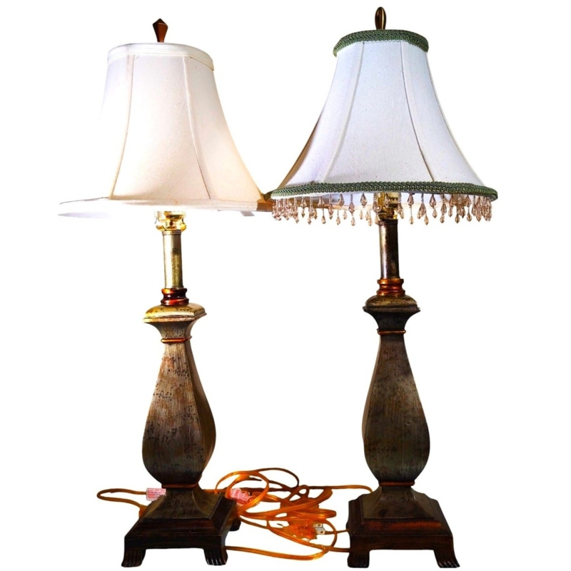 Table Lamp Pair Pleated Shades Marbled Urn Bases Vintage Style Gold