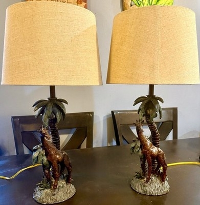 Table Lamp Pair: Safari Giraffe Base & Palm Tree Stem