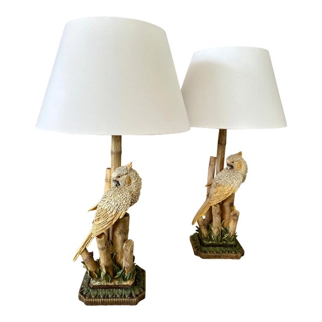 Table Lamp Pair: Sculptural Cockatoo Base & Hexagonal Shades