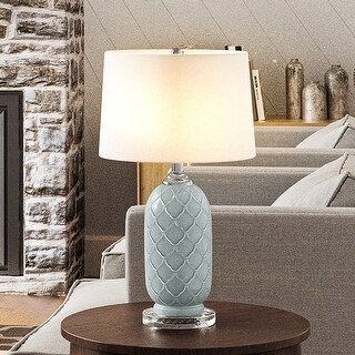 Table Lamp, Pale Blue Bulbous Sculptural Base with Gold Metal Neck