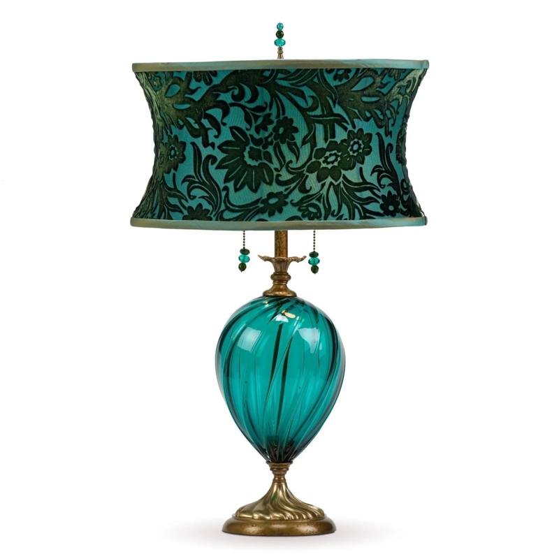 Table Lamp Patterned Velvet Shade, Artisan Glass Base.