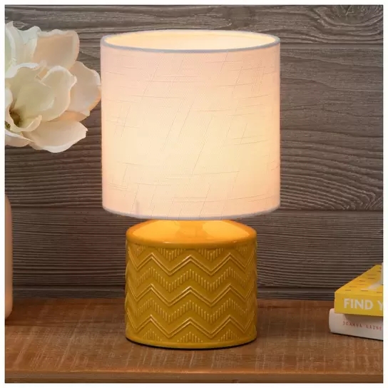 Table Lamp: Playful Yellow and White Chevron Pattern Ceramic Tapered Base.